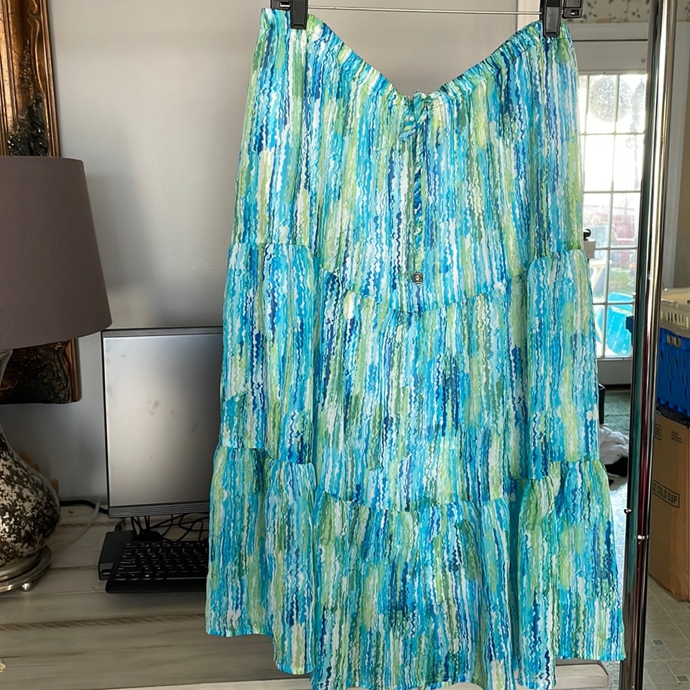 First option too! 2X 100% polyester ladies maxi skirt 3 tiers, blue green white